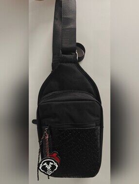 True Religion Wennington Sling Crossbody Black Embossed Logo Buddha Charm NWT